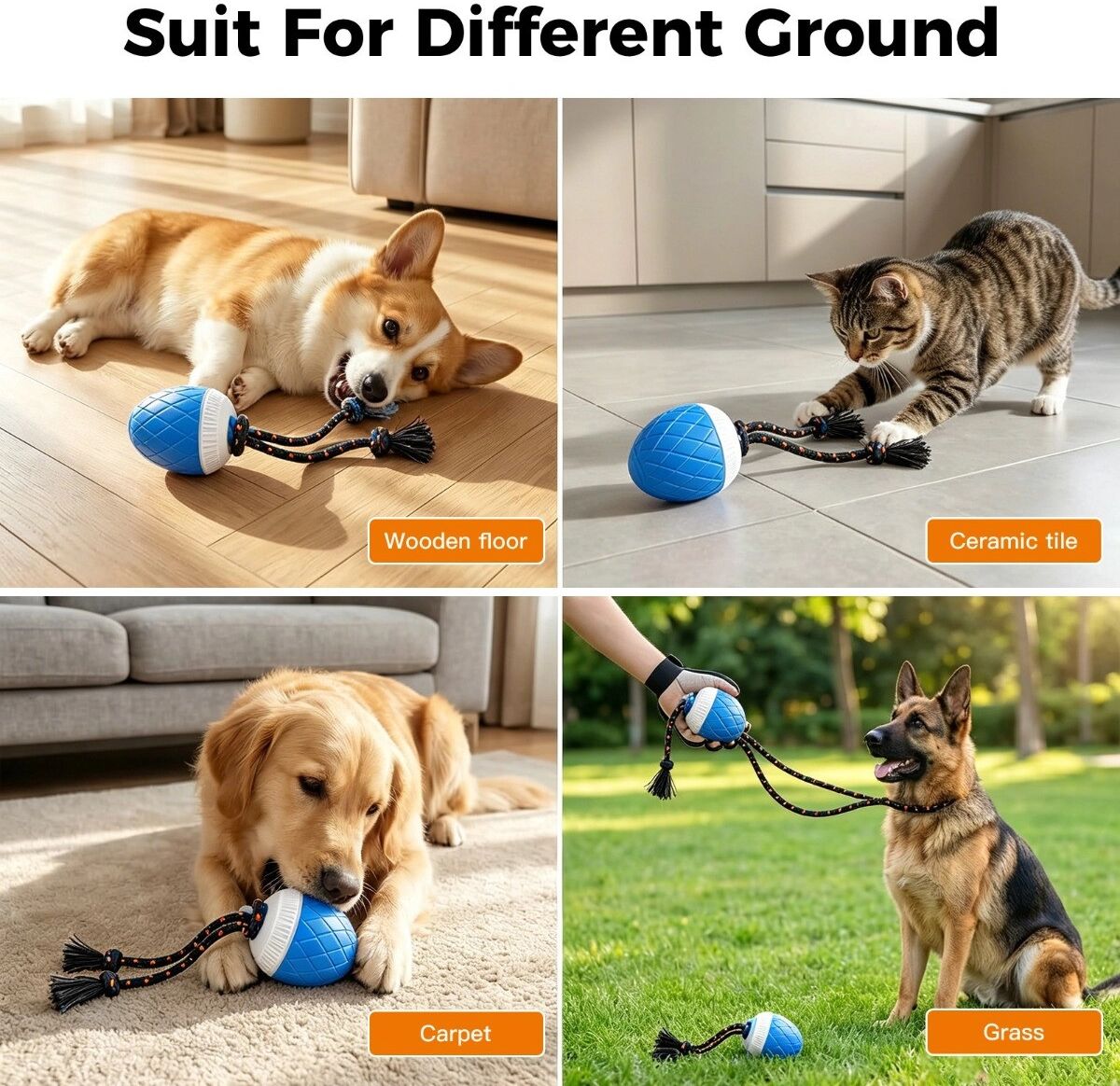 INF Interaktiver elektrischer Hundespielball mit automatischer Drehung, sanften Geräusch- und Lichteffekten und Zerrseil Blau
