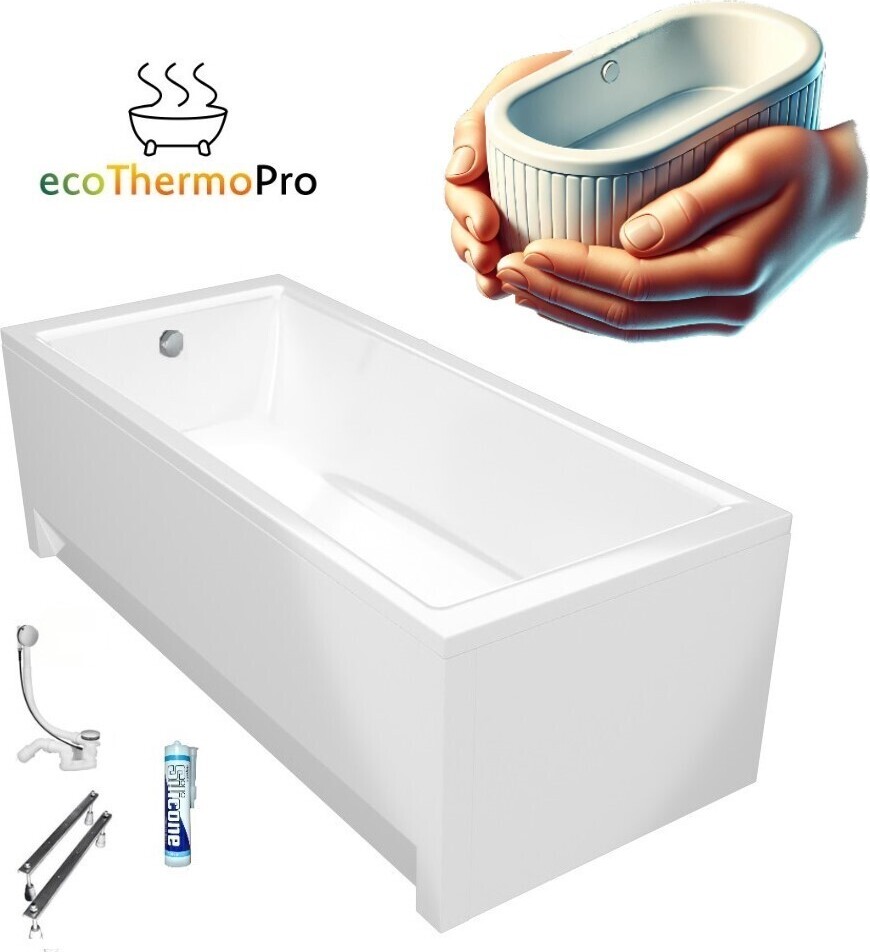 ECOLAM Badewanne Thermobadewanne TAMI 150x70 cm | Wanne mit Isolierung Wärmeschutz | Acrylwanne Rechteck Sanitäracryl | + Acrylschürze Ablauf Silikon