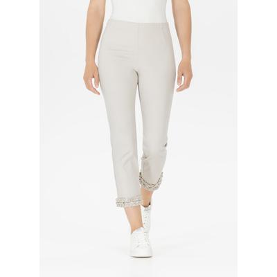 3/4-Hose STEHMANN "Waterford-640", Damen, Gr. 42, N-Gr, beige (kalk), Web, Obermaterial: 65% Baumwolle, 31% Polyamid, 4% Elasthan, unifarben, figurbetont 3/4-Länge, Hosen, 3/4-Löänge mit Rüschen am Beinabschluss