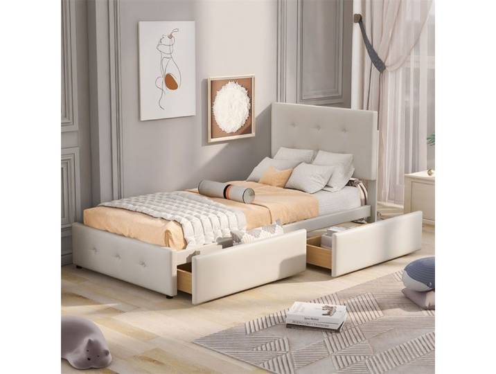 Lit simple 90x200 cm - Lit rembourré 90x200 cm avec 2 tiroirs de rangement - Sans matelas - Beige
