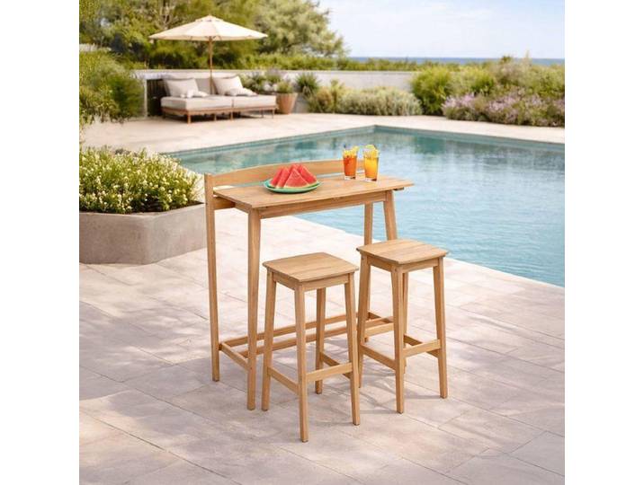 Ensemble bar de jardin - ZANZIBAR - Bois d'Acacia- 1 table rectangulaire 44\,5 x 100 x 112 cm - 2 tabourets 37 x 35 x 72 cm