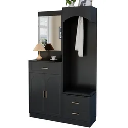 Kompaktgarderoben schwarze 110x33x185 cm mit Schuhschrank, Spiegel und Schuhbank für stilvollen Eingangsbereich