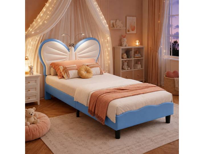 Lit Enfant 90x190\, Lit Simple Avec Led Et Lampe De Lecture\, Tête De Lit Papillon Et Réglable\, Lit Fille Sommier Lattes\,velours Bleu