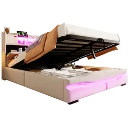 OKWISH Polsterbett 140x200 mit hydraulischem Stauraum und LED-Beleuchtung, modernes Doppelbett mit Stoffbezug, komfortables Schlafzimmerbett Beige