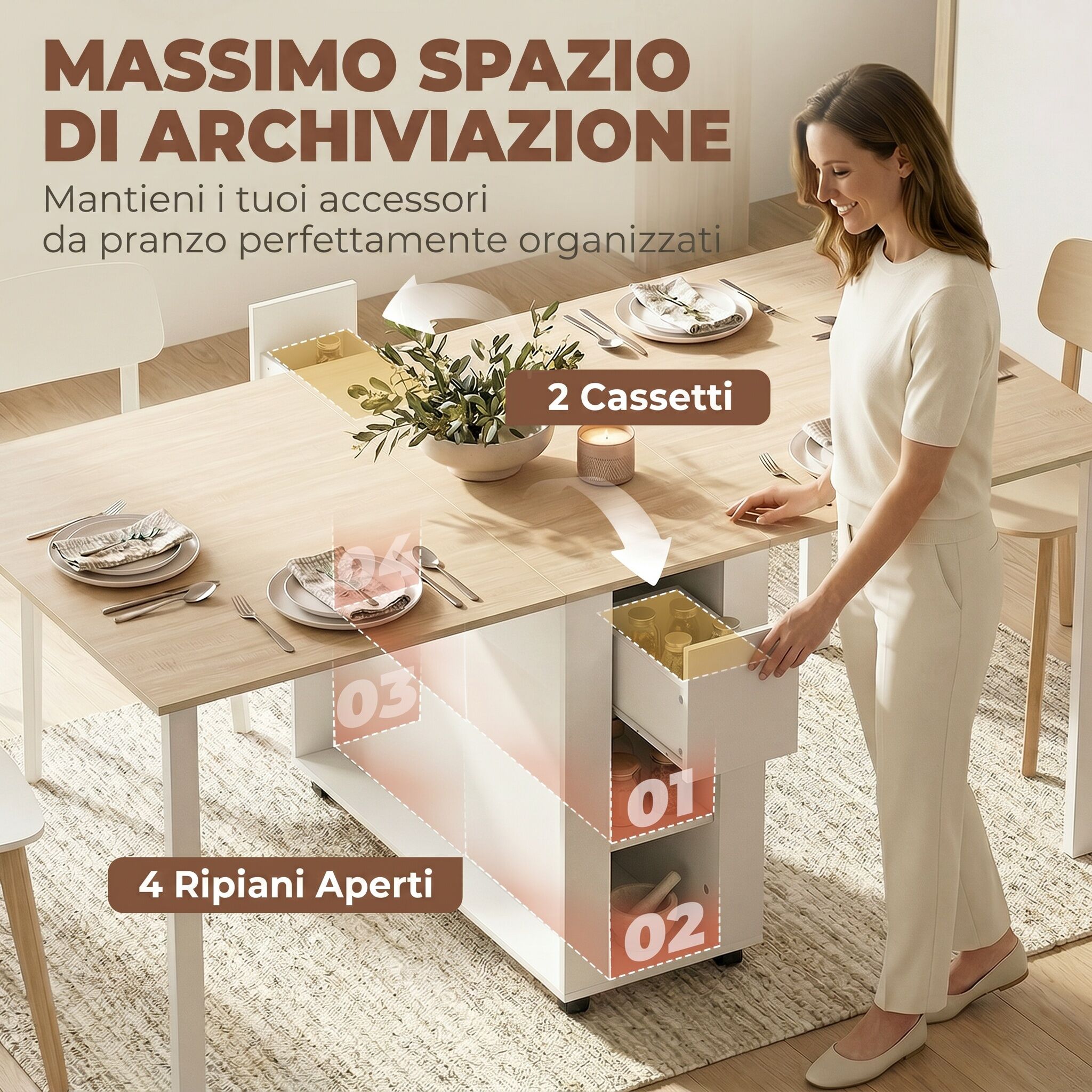 Altro Tavolo Pieghevole Per 6 Persone Con 2 Cassetti E 4 Ripiani.