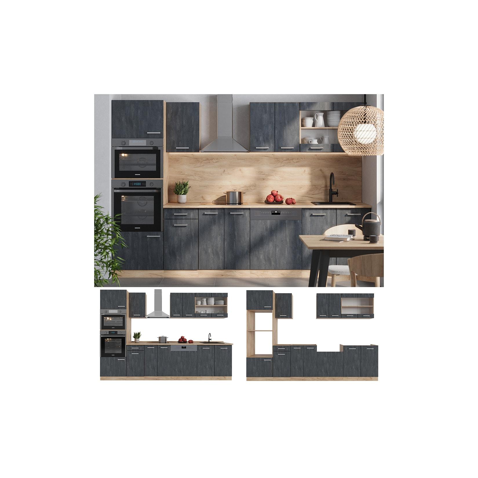 Vicco Küchenzeile R-Line 300 cm Schwarz Beton Eiche ohne Arbeitsplatte