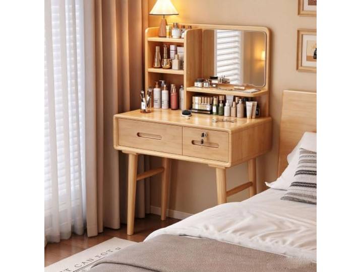Makeup-Frisiertisch massivem Gummibaumholz mit Spiegel,offenen Regalfächern Kleiner Schminktisch mit abschließbarer Schublade,abgerundeten Kanten,stabilen,verstärkten Beinen,für zimmer(60CM/23.6IN)