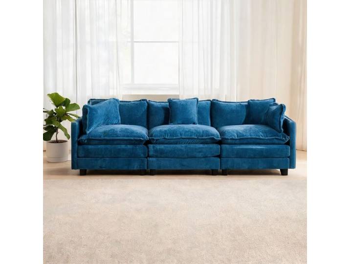 Bleu riche canapé sectionnel moderne 3 places modulable en tissu chenille pour salon et appartement