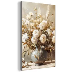 METALLBILD Blumen - Vase - Stilleben - Beige Deko Wohnzimmer 60x90 cm