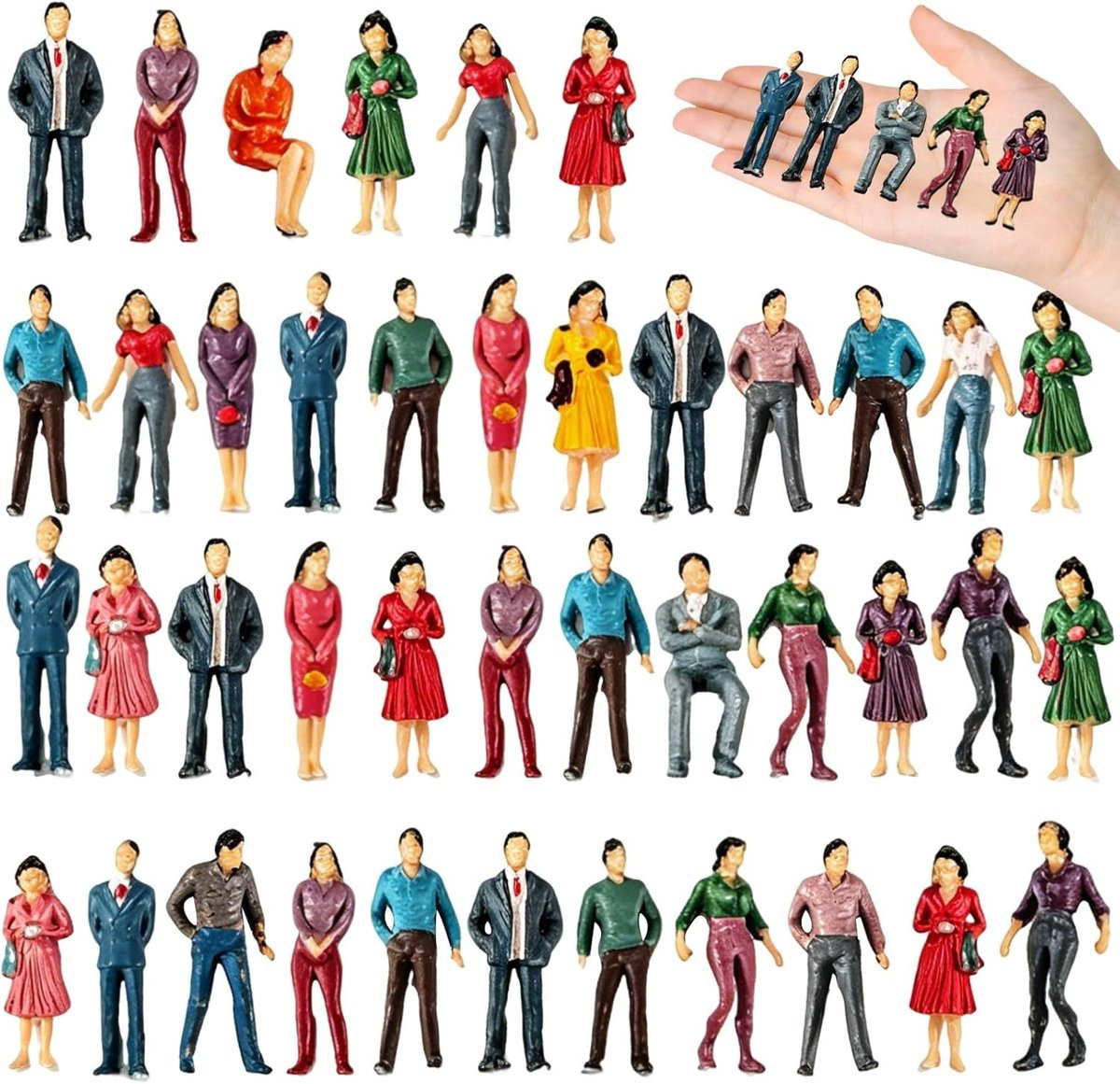 Set van 50 miniatuur modelspoorfiguren in schaal 1:50, zittend en staand