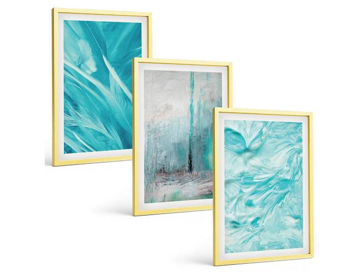 Tulup Bilder SET 3er Set - 40x60 cm Goldrahmen - Abstrakte Muster in Blautönen, Goldfarben, Kunststoff, Rechteckig, 40x60 cm, gerahmt, Bilder & Rahmen, Bilder