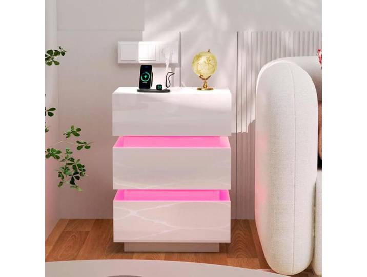 PIPIPOXER Table de chevet avec prise et LED lumières Table de chevet avec 3 tiroirs Minimaliste et fonctionnel 45x35x61cm Blanc
