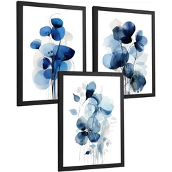 POSTER 3er-Set Wandbilder Blumen Blau modern Wohnzimmer Deko, Schlafzimmer, Küche, Badezimmer Schwarzer Rahmen A3