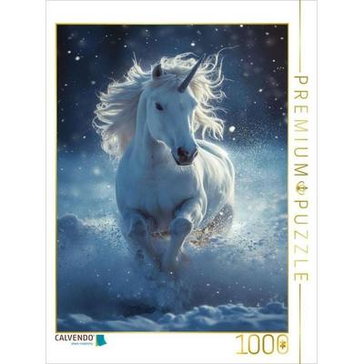 CALVENDO Puzzle Winterspuren: Ein weißes Einhorn im blauen Schneetanz | 1000 Teile Lege-Größe 64x48cm Foto-Puzzle für glückliche Stunden
