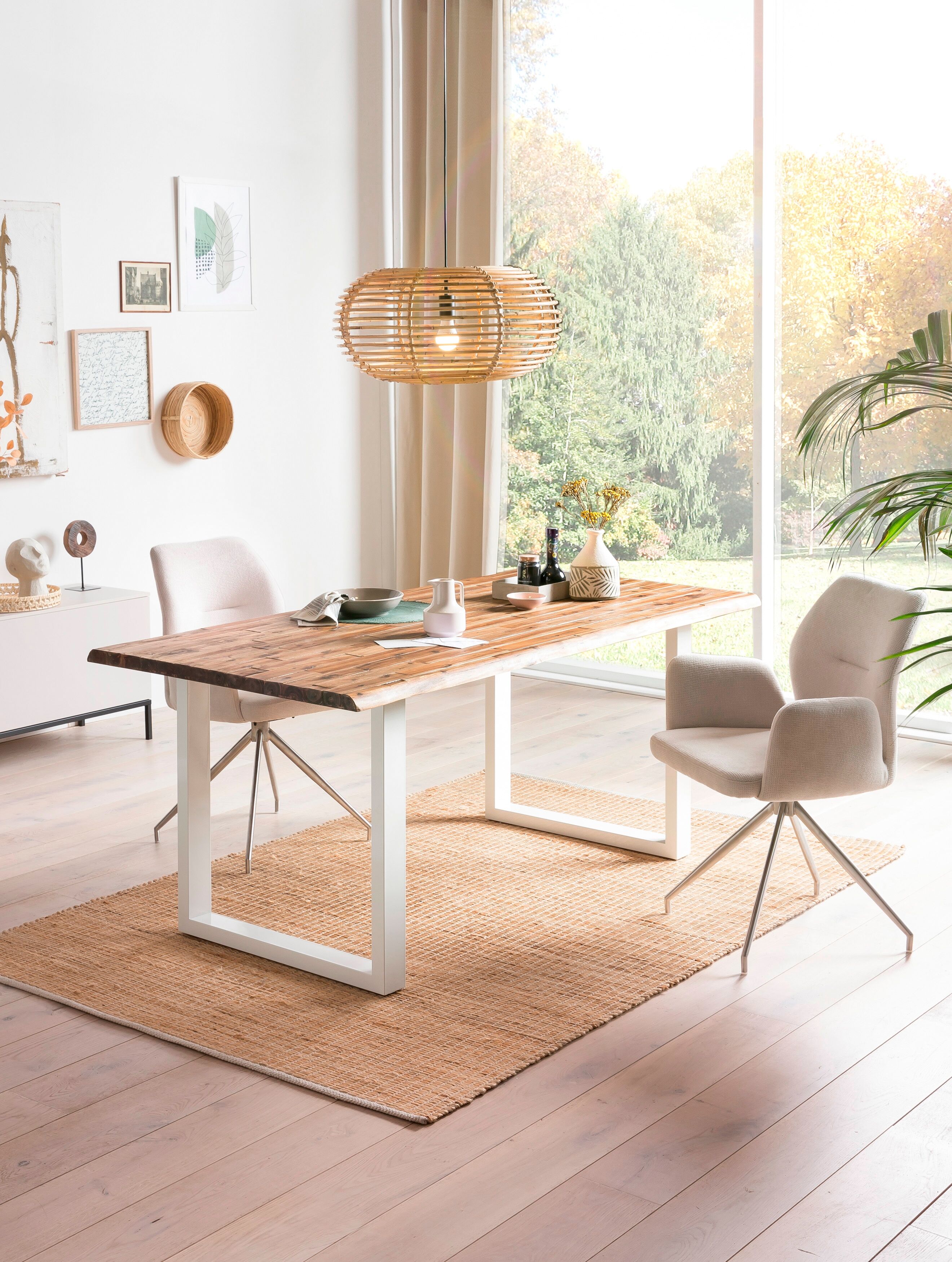 Baumkantentisch SALESFEVER "Tisch mit Baumkante im Natur-Look", weiss (natur, weiß, weiß, natur), B:180cm H:75cm T:90cm, Akazie, Metall, Tische, Baumkantentisch, Metall triff Akazie natur, weiß, weiß, natur B/H/T: 180cm x 75cm x 90cm, 180x90cm