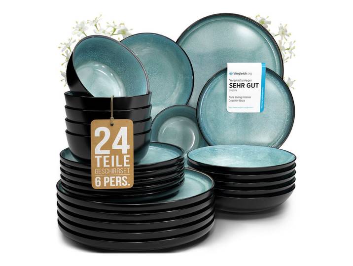 PURE LIVING INTERIOR DESIGN Geschirr-Set Steingut Geschirrset 6 Personen Ibiza 24 tlg. TESTSIEGER, Traumhaftes (24-tlg), 6 Personen, Steingut, Mediterrane Handwerksoptik, Reaktive Glasur – jedes Stück einzigartig…