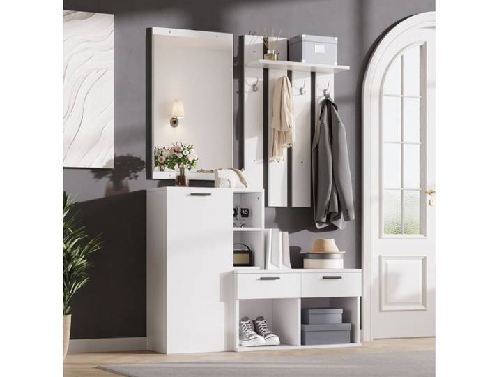 Meuble d'entrée avec meuble à chaussures miroir crochets et 2 tiroirs vestiaire compact blanc 120 x 35 x 175 5 cm