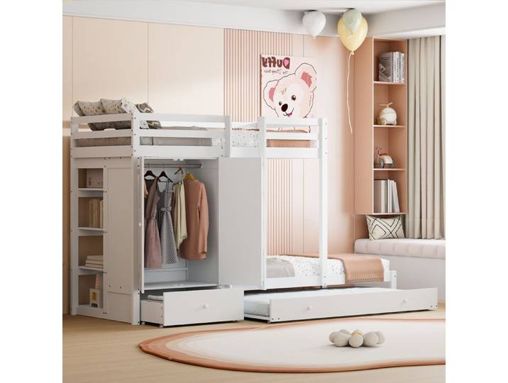Lit superposé en bois massif 90*200cm lit multifonctionnel avec lit pliant armoire compartiment de rangement blanc