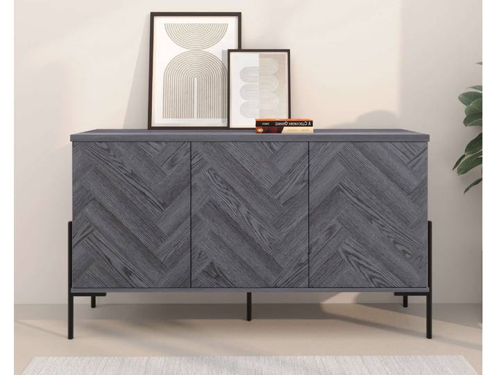 Sideboard GOODPRODUCT Eadwine , grau (grau eiche), B:130cm H:75cm T:38cm, MDF, Sideboards, Sideboard, Kommode, Push-to-open, Türen mit Fischgräten Muster, Breite 130 cm