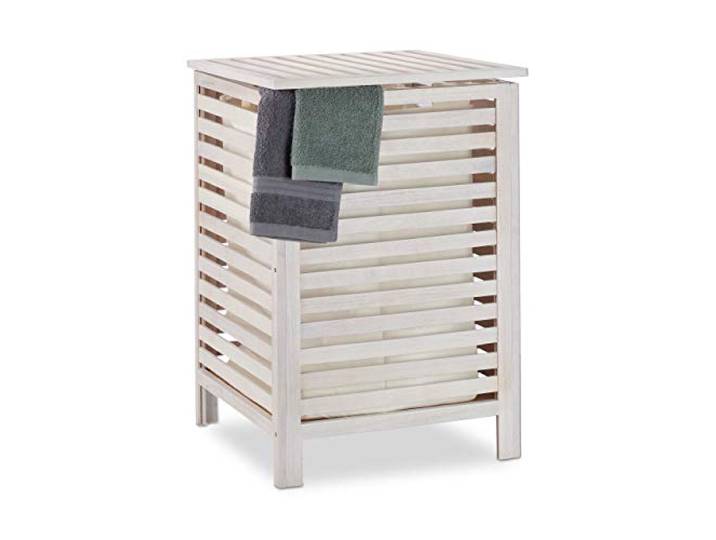 Relaxdays Wäschetruhe Walnuss, Wäschesammler mit Deckel, 52 L, Vintage, entnehmbarer Wäschesack, 65,5 x 45 x 45 cm, weiß, 1 Stück