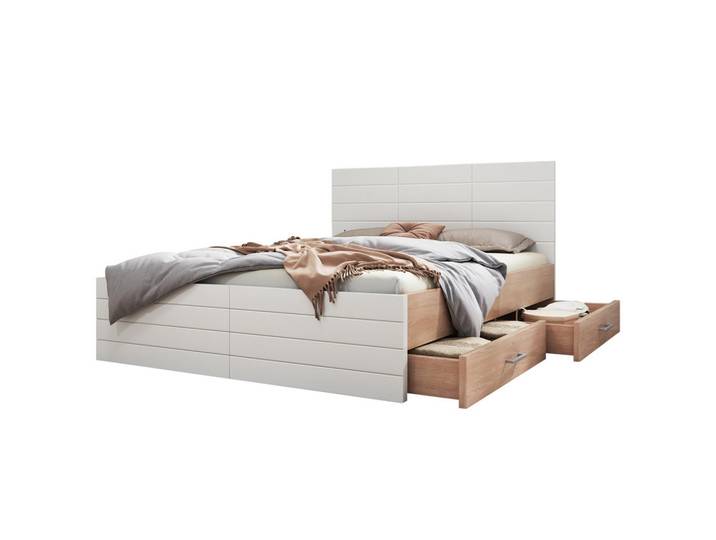 Flieks Doppelbett 160x200cm Holzbett Modern 2 Schubladen Eiche-Weiß, 160x200 cm, Schlafzimmer, Betten