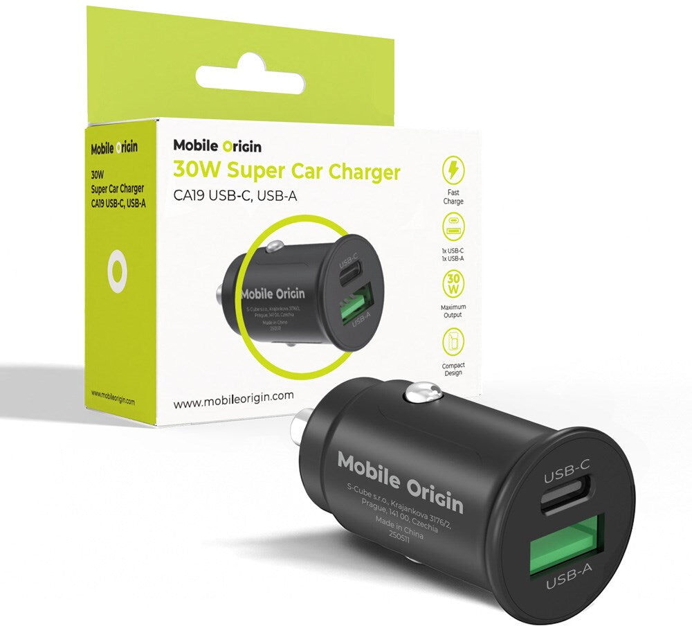 Mobile Origin Biloplader m. 1 x USB-A & 1 x USB-C - 30W - Sort