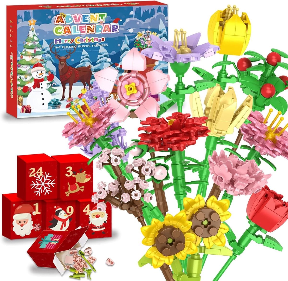 Adventskalender 2026 met 24 kleurrijke bloemen bouwstenen voor kinderen