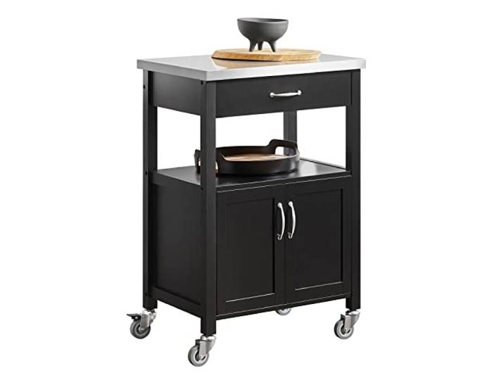 SoBuy Küchenwagen mit Arbeitsplatte aus Edelstahl & 4 Rollen, 60x92x44cm Servierwagen mit Schublade, offenem Fach & Doppeltürschrank, platzsparend, MDF, für Küche & Outdoor & Schlafzimmer, FKW22-SCH