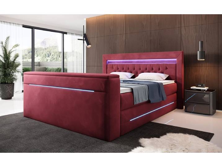 Boxspringbett Neptun mit TV Lift und RGB - Rot - 140x200 - H4 (100kg+) - Luxusbetten24