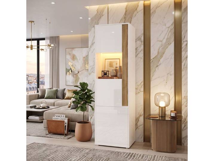Vitrine Colonne 50x40x179 cm Grand Rangement Gain de Place LED Design Soigné Bois 2 Portes Acrylique