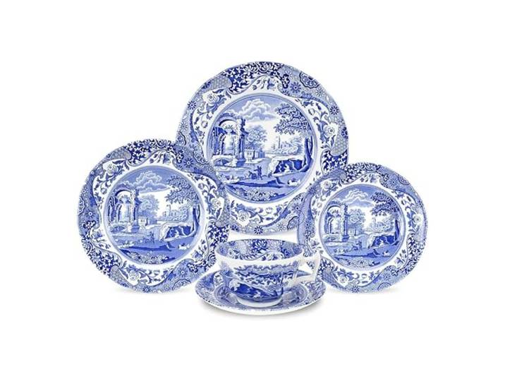 Spode Blue Italian 5-teiliges Geschirr-Set, Geschirr-Set für 1, Porzellan, Speiseteller, Salatteller, Brot- und Butterteller, Teetasse und Untertasse, spülmaschinenfest, hergestellt in England