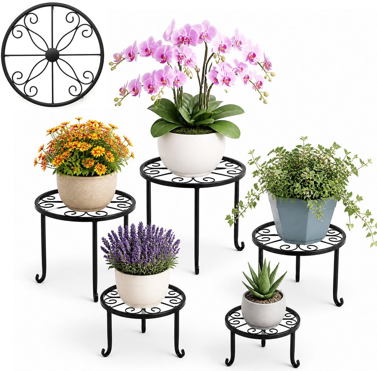 Set van 5 Metalen Plantenstandaards met enkele laag voor buiten en balkon