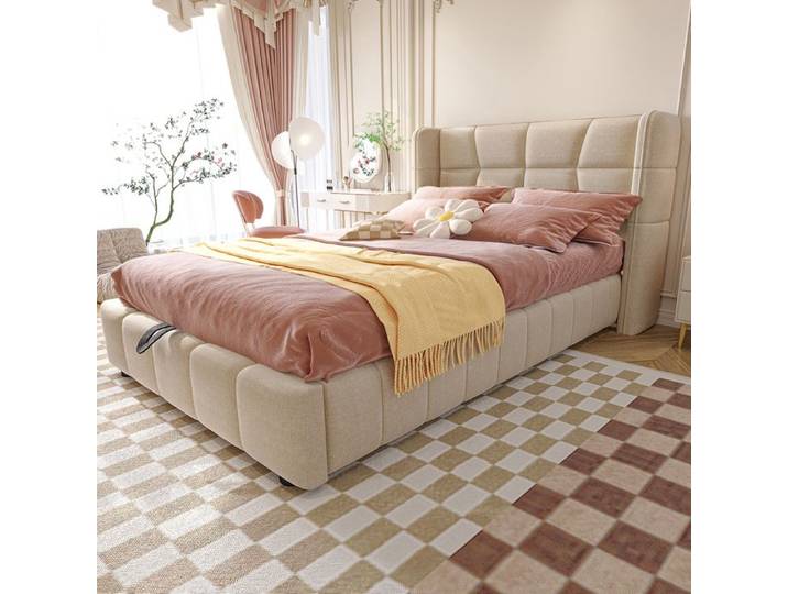 Lit coffre simple - YEHTOKHOME - 90x200 - Sommier relevable hydraulique - Tête de lit rembourrée - Tissu effet lin beige