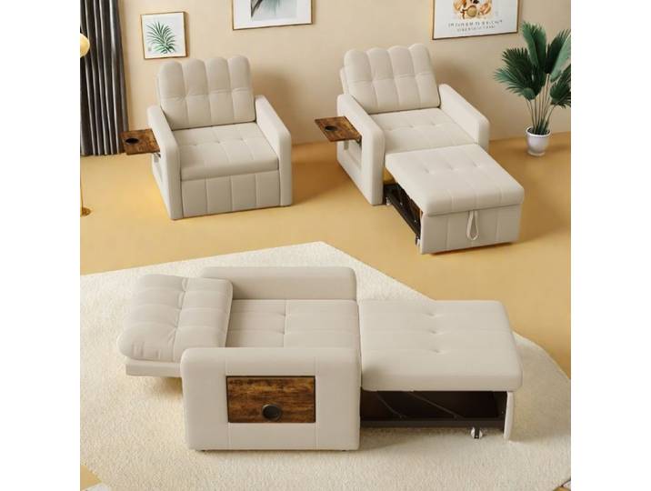 Canapé-lit une place - Anajqaqia - Canapé de salon - Fauteuil de détente - Fauteuil relax - Lit une place - Tissu chenille - Beige