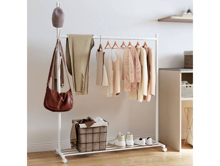 HOMCOM Portant Vêtements Blanc avec Roulettes et Étagère 120x43x171 cm