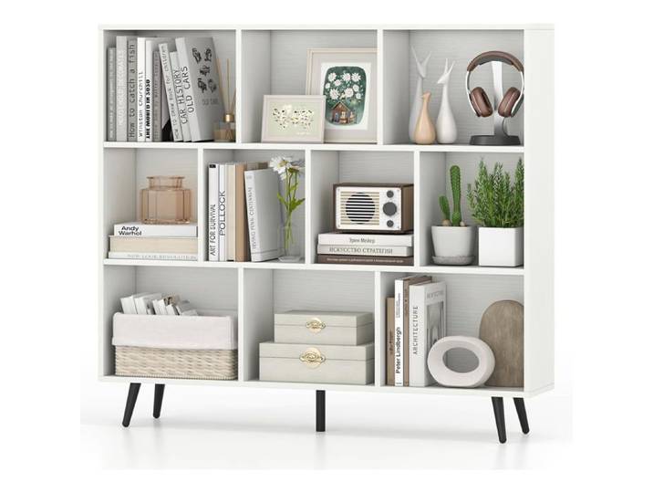 GOPLUS Bibliotheque à 3 Niveaux avec 10 Compartiments 4 Pieds Métalliques Inclinés Dispositif Anti-basculement 120x24x107CM