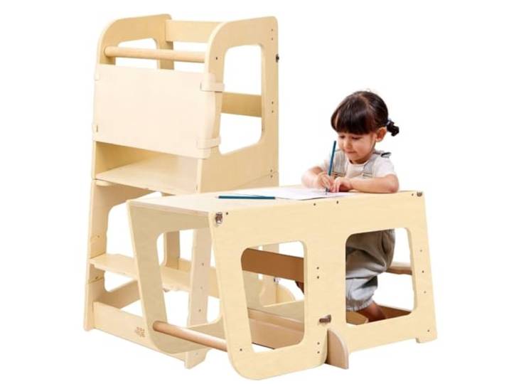 Lernturm ab 1 Jahr – Montessori Beobachtungsturm, umwandelbar in Kinderschreibtisch – Kinderstuhl Holz – Hochhocker für Kinder von 1 bis 6 Jahren (Naturholz)