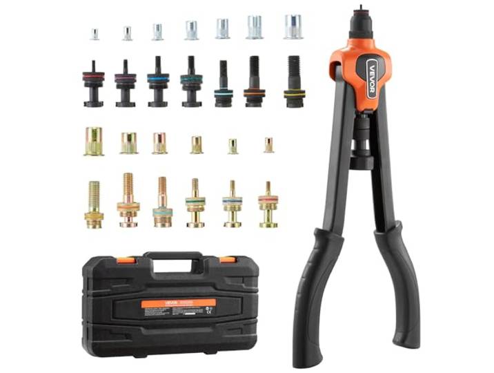 VEVOR Riveteuse Manuelle 42 cm\, Kit d'Outils à Riveter Complet\, pour Bricoleur Installation et Réparation Maison\, Pince à Écrous à Sertir avec 13 Mandrins Métriques et SAE\, 130 Écrous\, avec Mallette