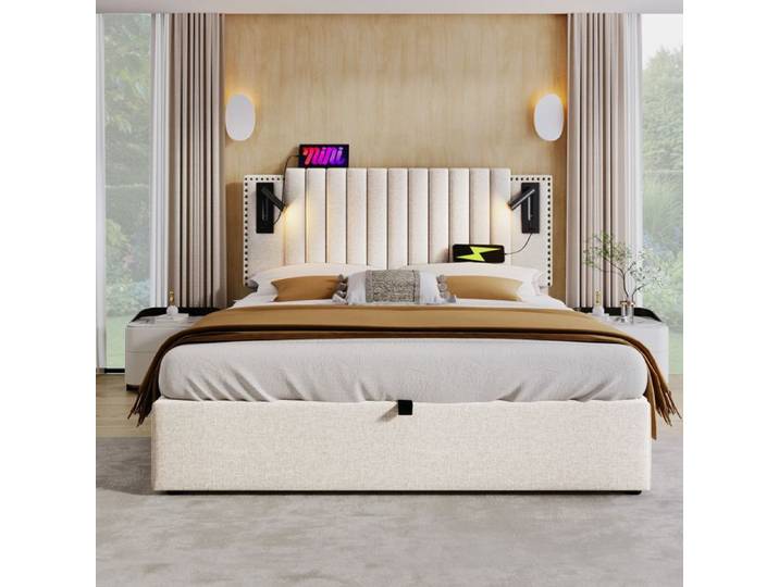 Lit double rembourré - PDZZZD - 160x200 cm - Beige - Coffre de lit - 2 places