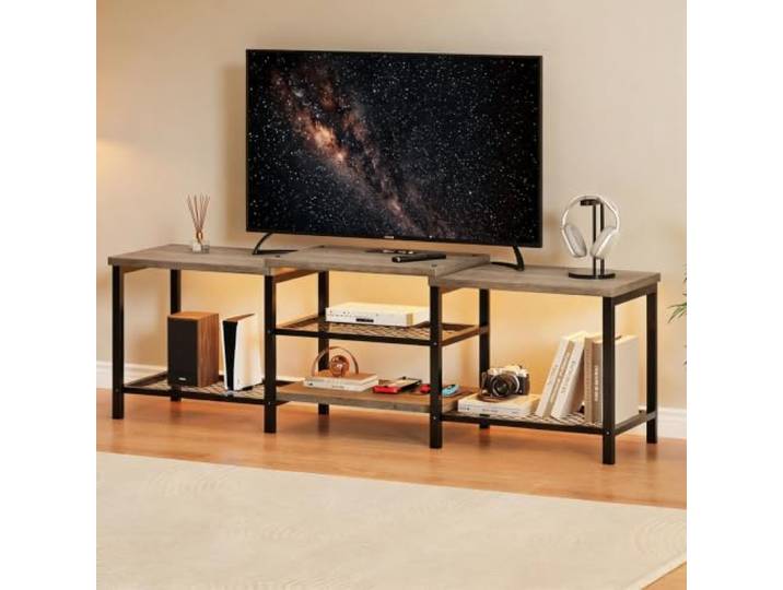 IDEALHOUSE Vintage TV-Lowboard für Fernseher bis 75 Zoll mit LED-Beleuchtung, Steckdose & USB-Anschlüssen – Offenes Stauraumdesign – Farbe: klassisch Braun