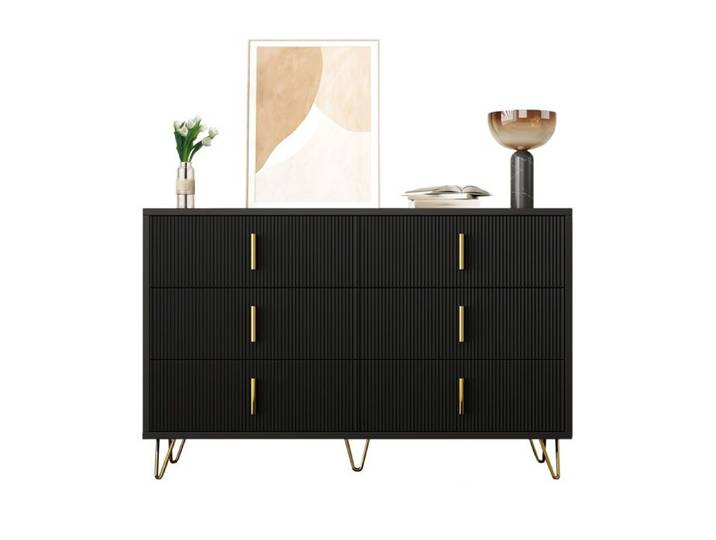 Commode Noire Moderne 6 Tiroirs aux Poignées Dorées - Rangement Élégant et Design Contemporain pour Chambre ou Salon