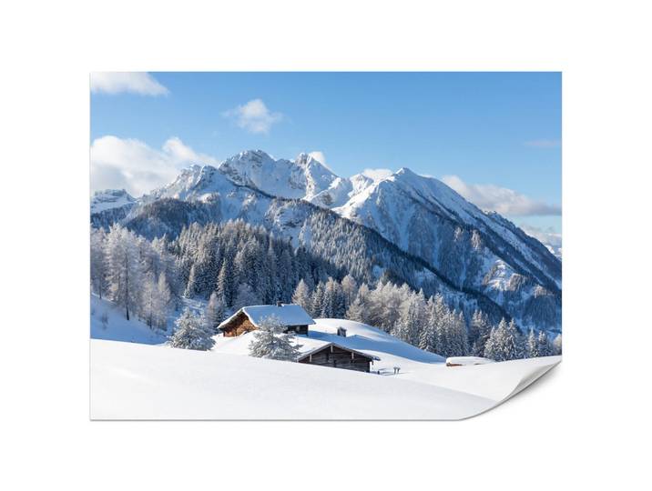 Muralo Fototapete für Wohnzimmer Felsige Berge Winter Tannen Holzhütten Schnee 450x315, Braun, Weiß, Papier, Landschaft/Berg, Rechteckig, 450x315 cm, Tapeten & Wandverkleidungen, Fototapeten
