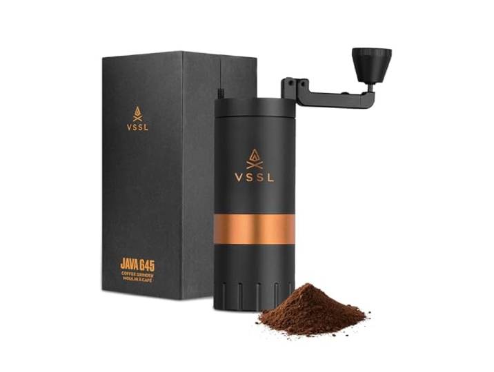 VSSL Java G45: Manuelle Premium-Kaffeemühle, tragbare Kaffeemühle für Camping oder Wandern, gerader Griff, französische Presse, Tropfen, Espresso, mit konischer Fräsmühle aus Edelstahl, 45 g Kapazität