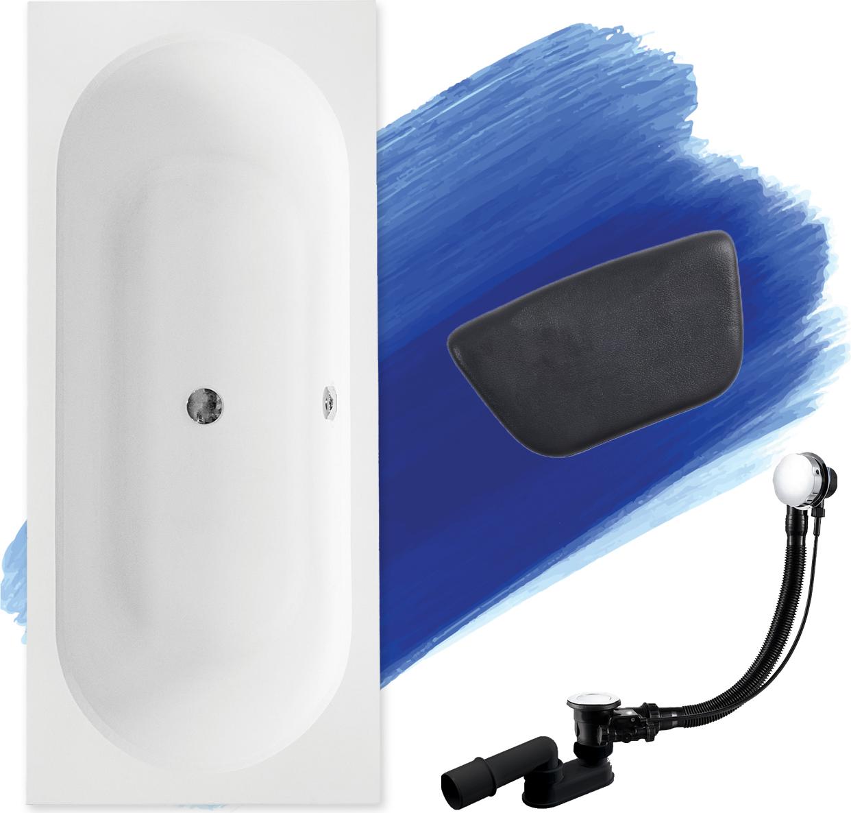 BADLAND Eckbadewanne Rechteck Badewanne VITAE 150x75 mit Ablaufgarnitur und Füßen + Kopfstütze KODI | BADLAND VITAE