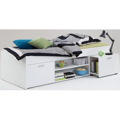 Funktionsbett FMD, weiß, B:95,4cm H:57,5cm L:203,6cm, Daybetten, Funktionsbett mit ausziehbarem Nachttisch, Liegefläche 90x200 cm