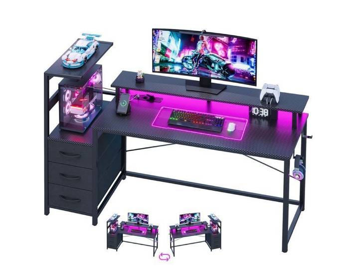 Bureau Gaming LED-150x75 CM- Bureau d'ordinateur avec Support d'écran-Grand Table Gaming avec Rangement-3 Tiroirs-2 Prise et USB