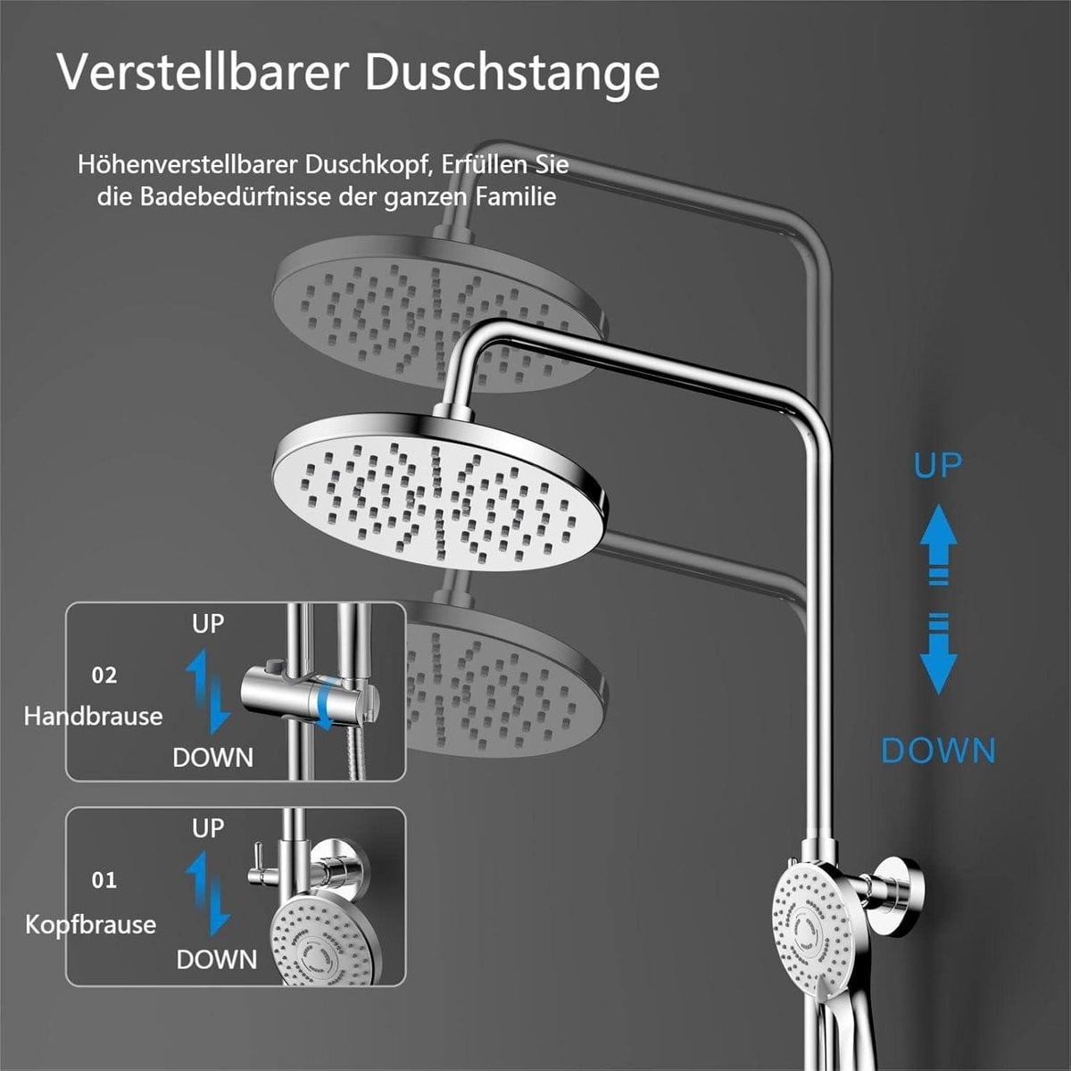 Modern chroom douchesysteem met thermostaatkraan, overhead shower en handdouche van roestvrij staal