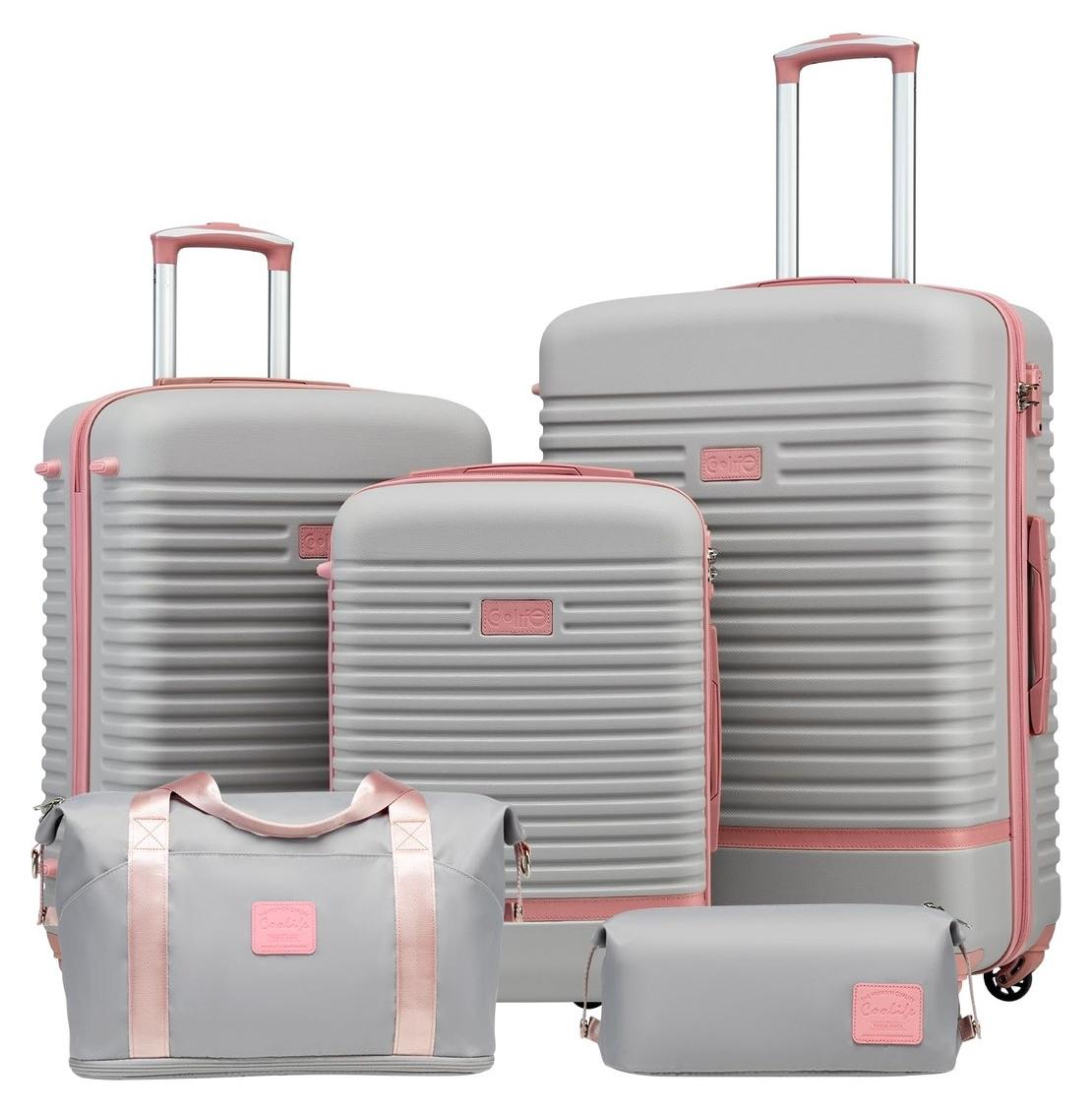 Reisekoffer Set Hartschalenkoffer Reisetasche - 5-teilig - ABS - Grau Rosa - TSA-Schloss