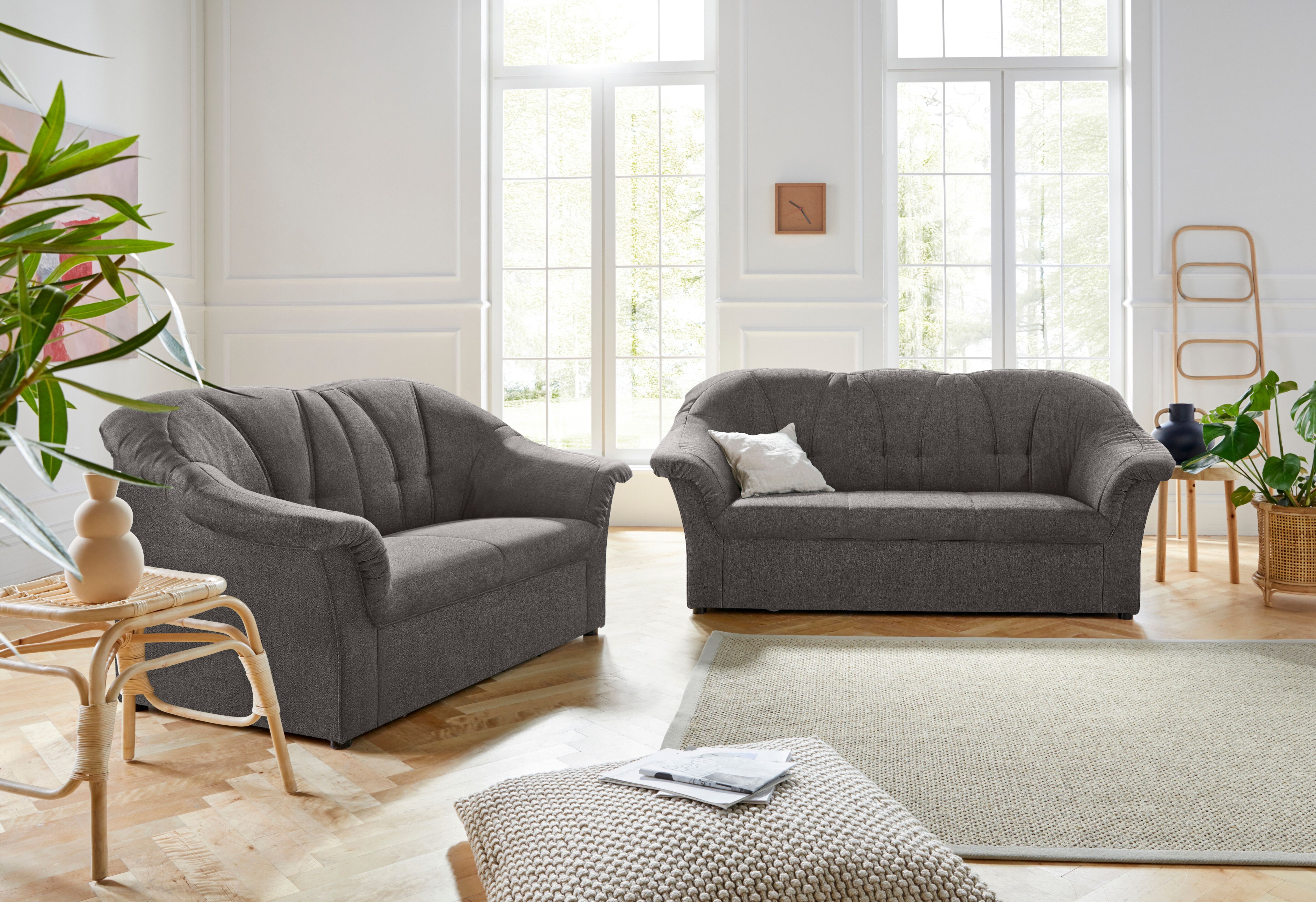 Polstergarnitur DOMO COLLECTION "Pegnitz", grau (stone), Chenille-Optik, 95% Polyester, 5% Nylon, Sitzmöbel-Sets, Polstergarnitur, 3-Sitzer & 2-Sitzer-Set