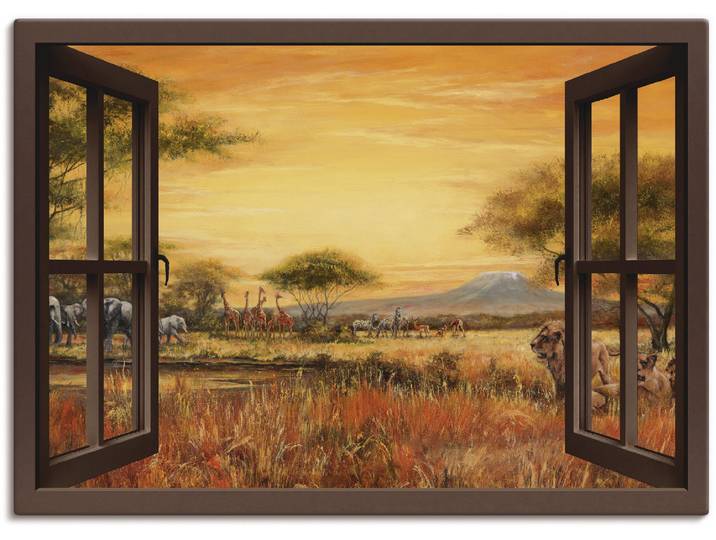 Leinwandbild ARTLAND Fensterblick Afrikanische Steppe Löwen , braun (farbe bild(er): braun), B:100cm H:70cm, Bilder, Leinwandbild, auf Holzrahmen gespannt